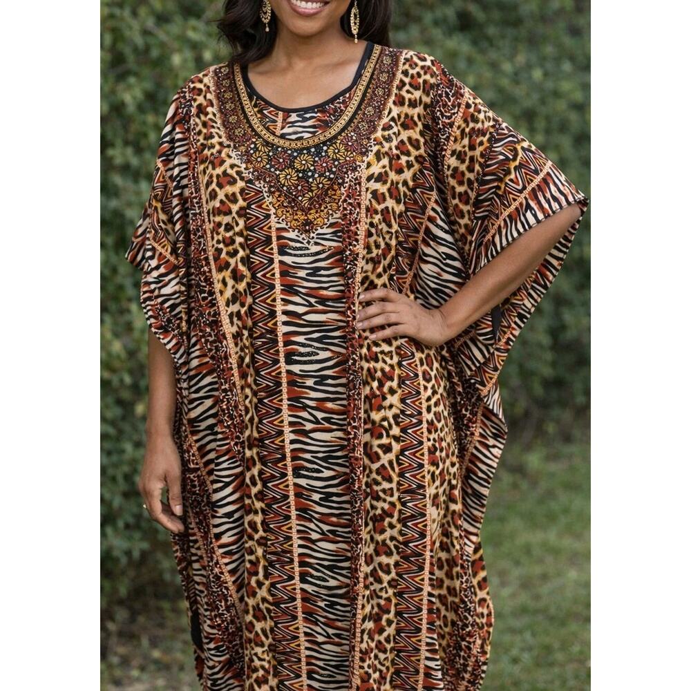 Stacey Summers Kaftan Dress Mixed Animal Print Flowy Comfort Elegant Aesthetic